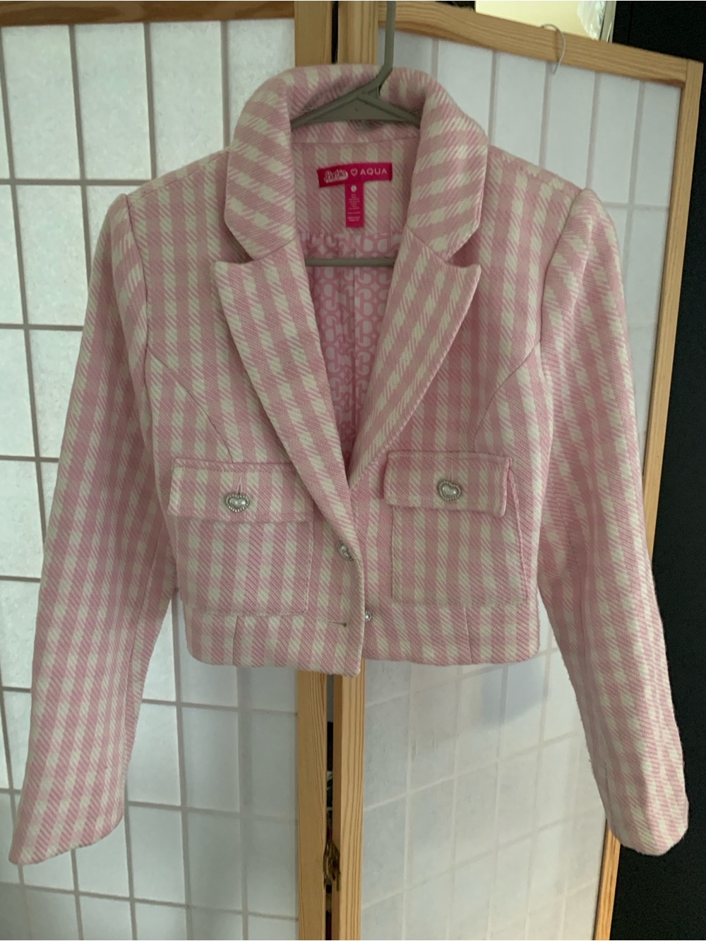 Barbie x Aqua Pink and White Cropped Gingham Blazer - Size S